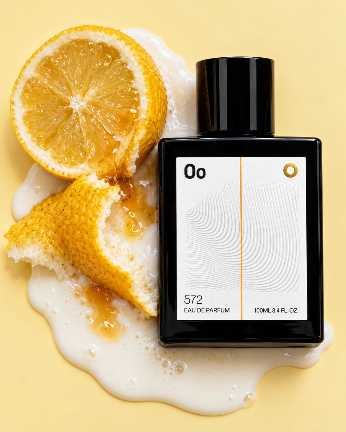 Confidence 572 fragrance beside textured lemon peel, honey and a milky pool