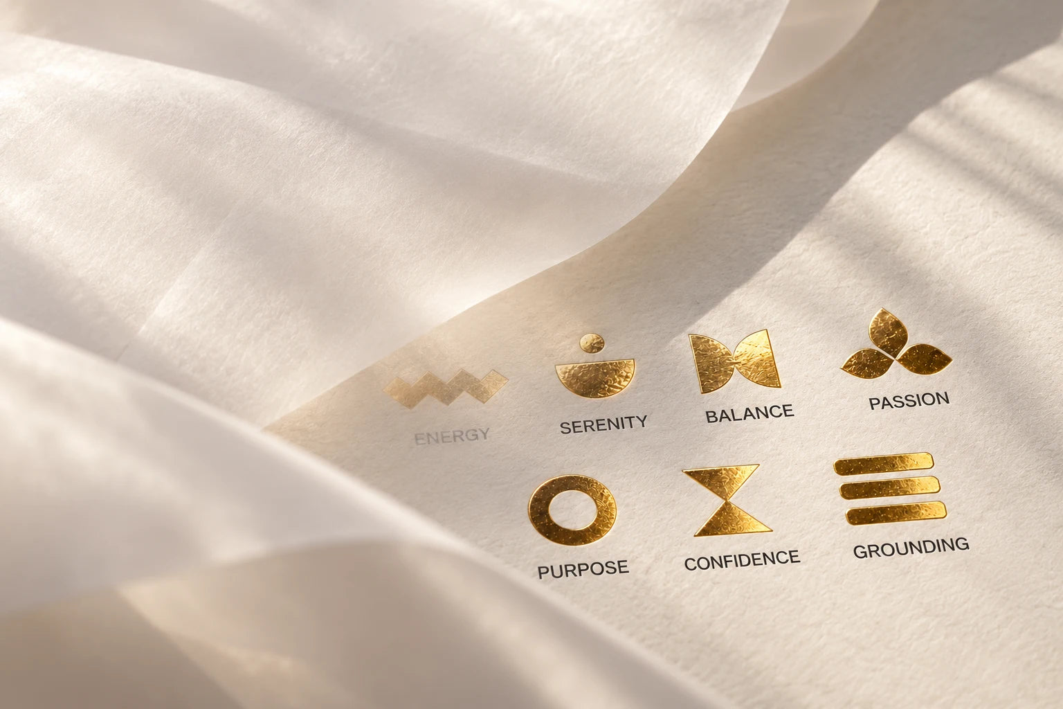 Seven gold foil Frequency symbols on ivory paper, softly veiled by white fabric